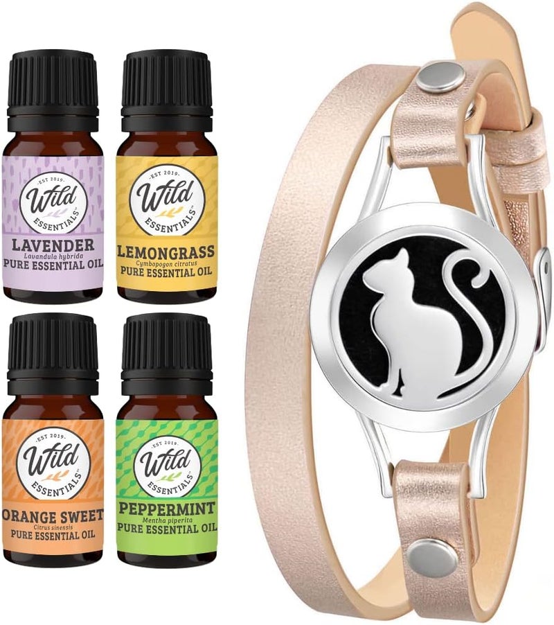 mEssentials Wild Essentials Pretty Kitty Cat Essential Oil Leather Wrap Bracelet Diffuser, Gift Set, Lavender, Lemongrass, Peppermint, Orange Oils, 12 Pads, Customize Color Changing Perfume Jewelry, Aromatherapy 