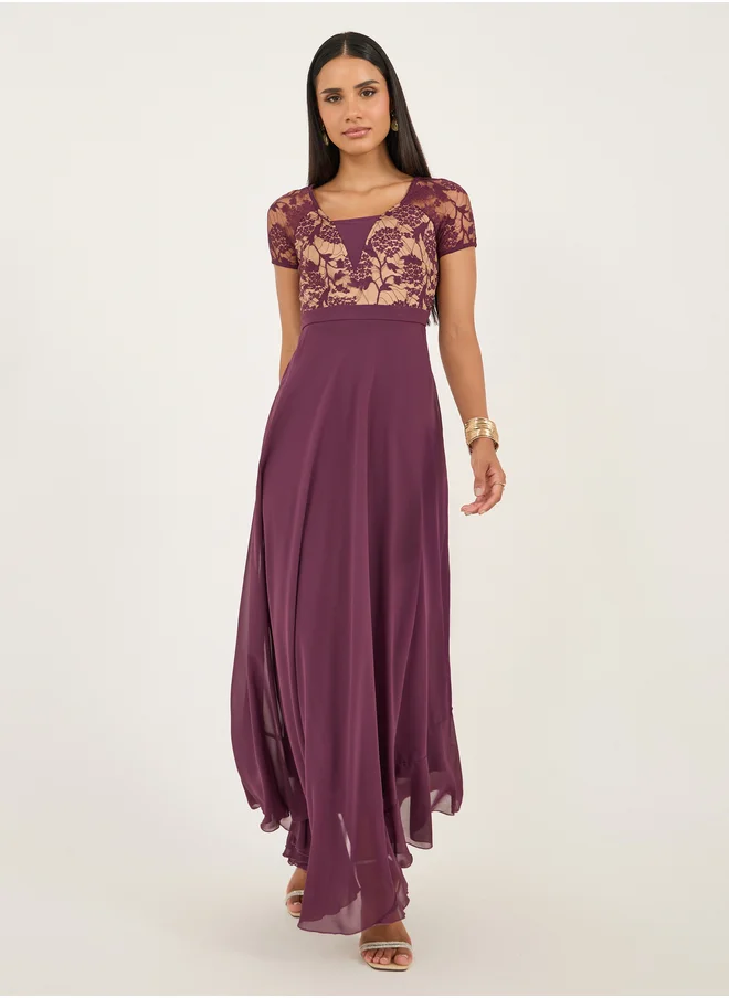Styli Lace Insert Square Neck A-Line Maxi Dress