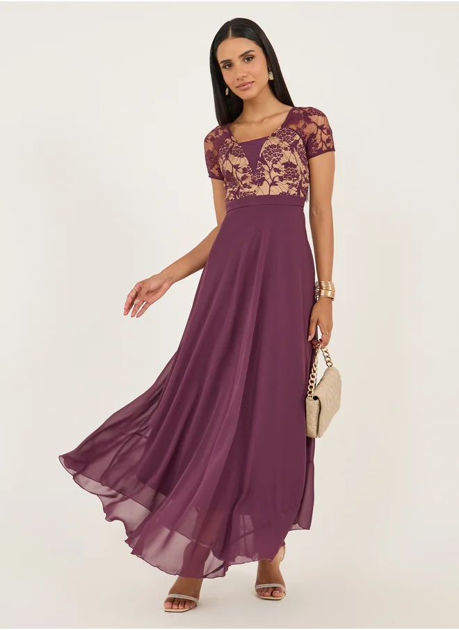 Styli Lace Insert Square Neck A-Line Maxi Dress