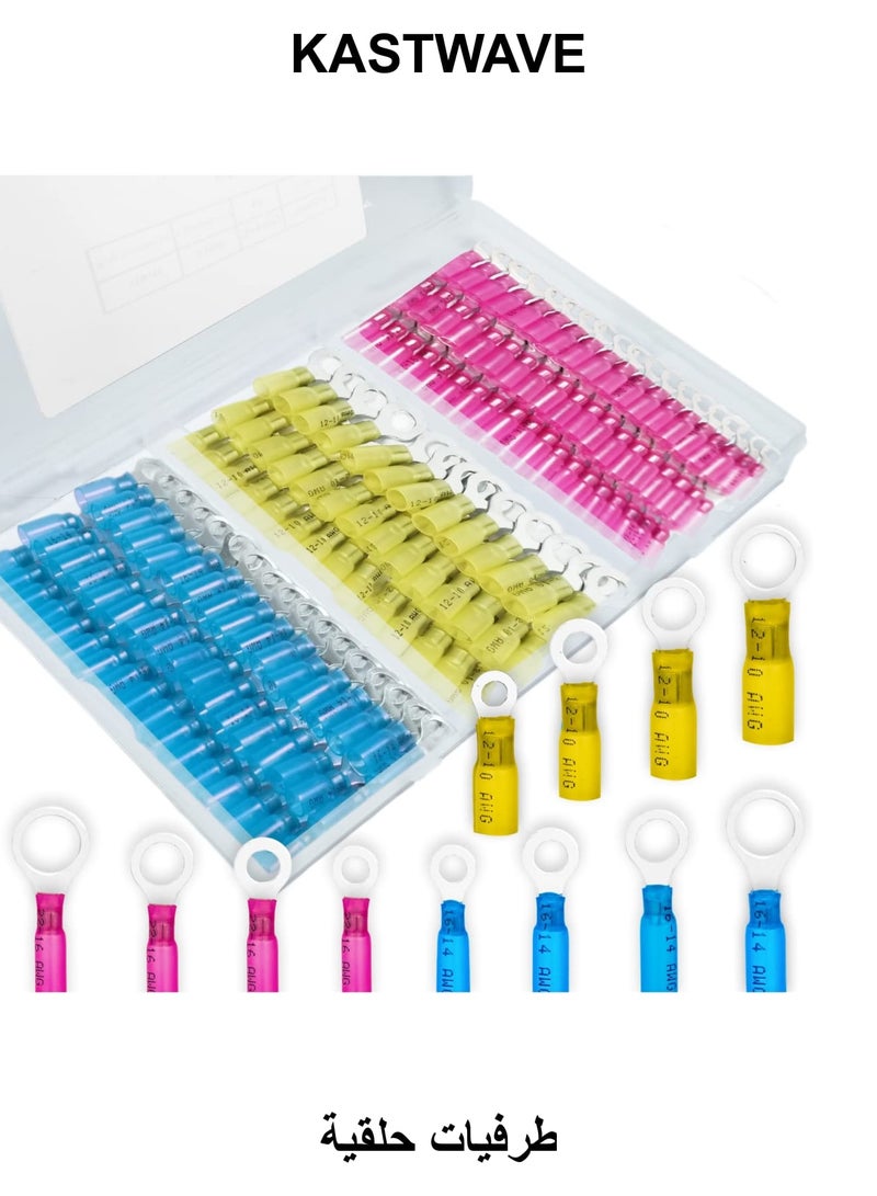 KASTWAVE Heat Shrink Wire Connectors, 180 Pcs Ring Terminals Kits, Automotive Marine Ring Terminal Connectors, Insulated Electrical Terminals Kit Waterproof Marine Crimp Connector for 10 12 14 16 18 22 AWG - Image 1