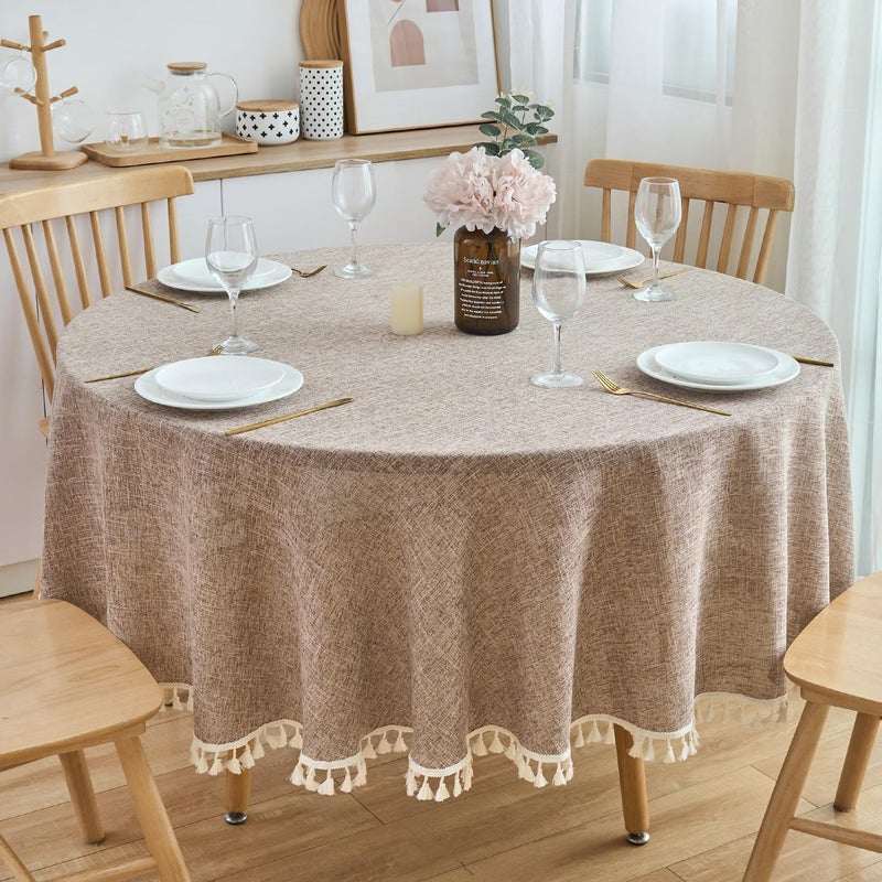 SPRICA Round Cotton Linen Look Tablecloth 63 Inch160cm WaterResistant Tassel Edge Soft Solid Color Cover for Kitchen Outdoor Garden Table Machine Washable Medium Brown