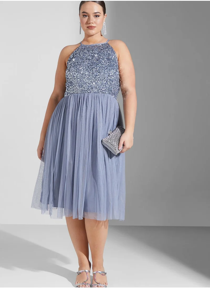 Maya Plus Halter Neck Tulle Sequin Detail Dress