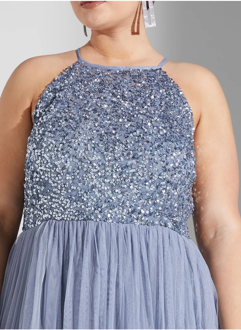 Maya Plus Halter Neck Tulle Sequin Detail Dress
