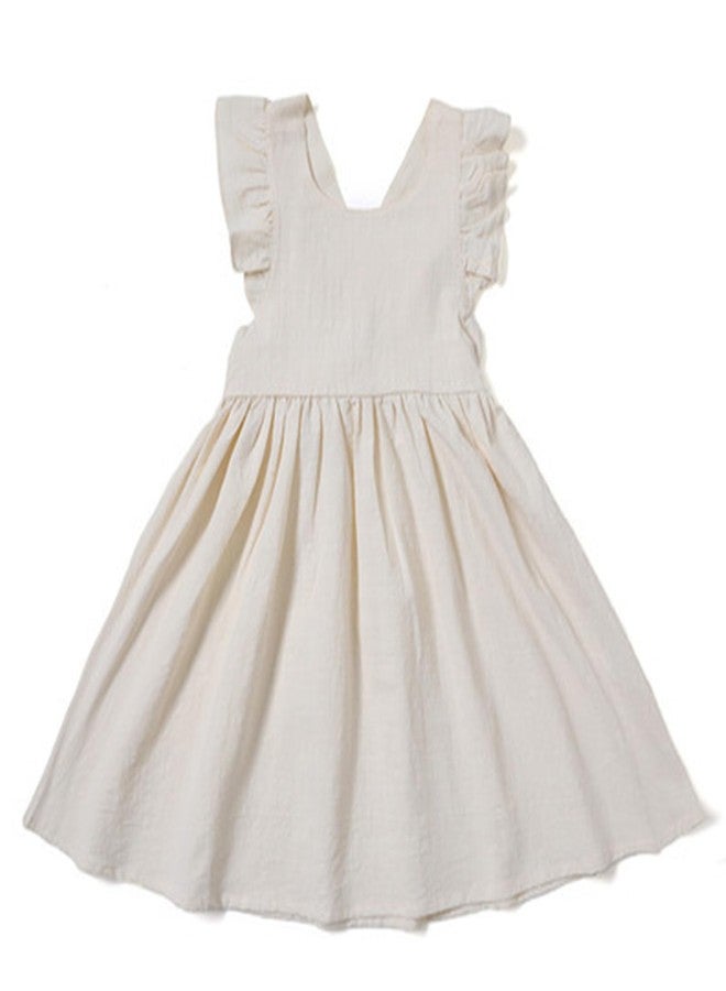 ACESTAR فستان بنات أطفال من قطن الكتان بأكمام مرفوعة - فستان بدون ظهر وبدون أكمام مع حمالات متقاطعة - فستان صيفي غير رسمي (بيج، 100/3-4 سنوات) - Image 1