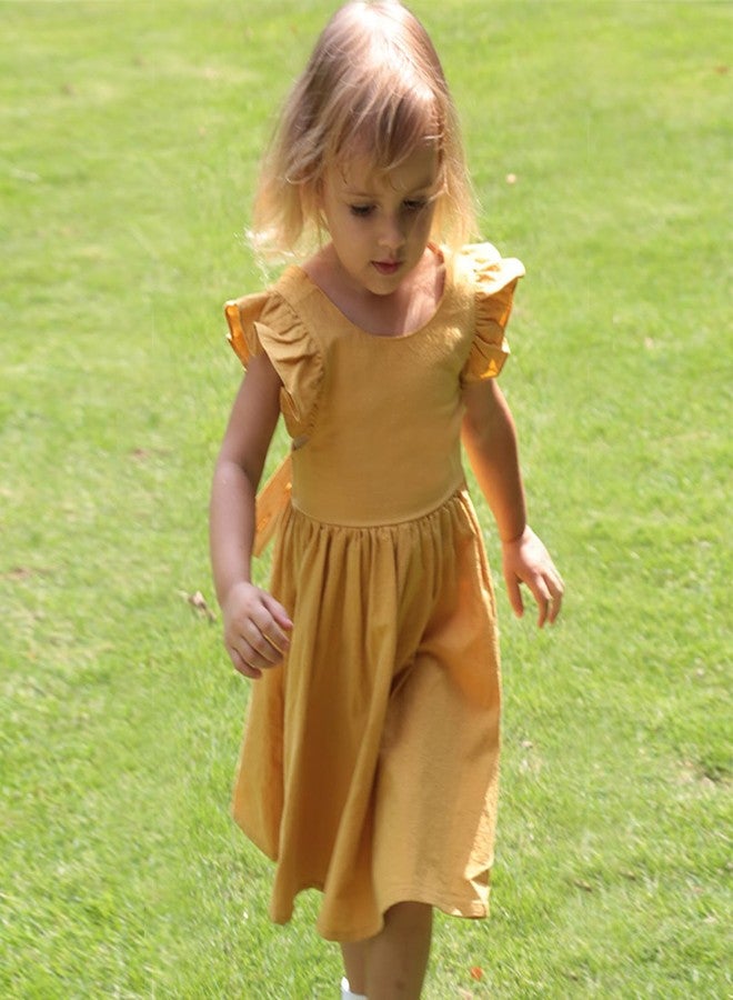 ACESTAR فستان بنات أطفال من قطن الكتان بأكمام مرفوعة - فستان بدون ظهر وبدون أكمام مع حمالات متقاطعة - فستان صيفي غير رسمي (بيج، 100/3-4 سنوات) - Image 5