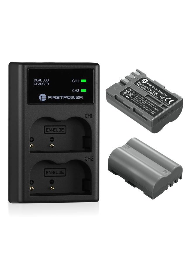 FirstPower EN-EL3e Battery 2-Pack 2200mAh and Dual USB Charger Compatible with Nikon D50, D70, D70s, D80, D90, D100, D200, D300, D300S, D700 Digital SLR Cameras - Image 1