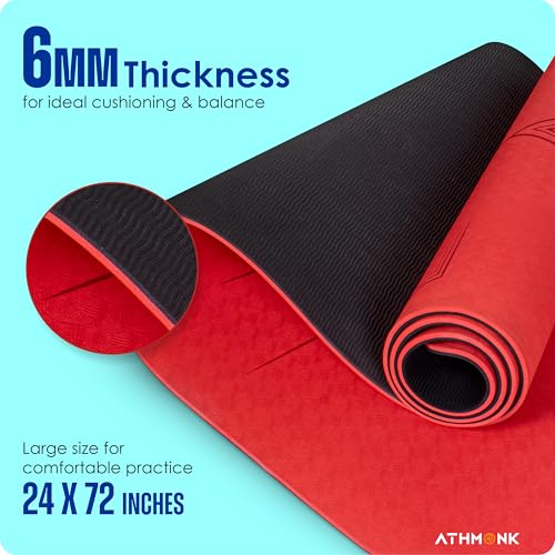 Athmonk Dual Colour TPE Pro Yoga Mat for Woman and Man with Alignment Guide Lines | Home Gym Equipment Exercise Mats for Workout | 6mm Thick Anti Slip Mat for Kids | Big Size with Cover Bag, Red - Image 4