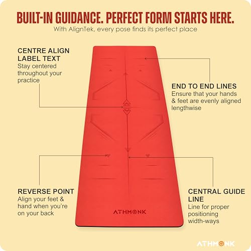 Athmonk Dual Colour TPE Pro Yoga Mat for Woman and Man with Alignment Guide Lines | Home Gym Equipment Exercise Mats for Workout | 6mm Thick Anti Slip Mat for Kids | Big Size with Cover Bag, Red - Image 2