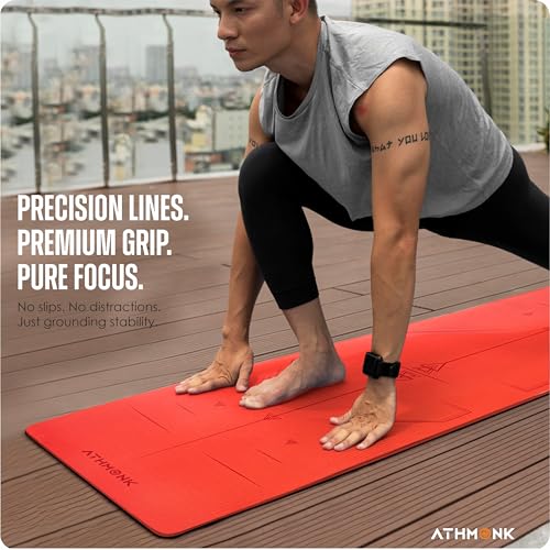 Athmonk Dual Colour TPE Pro Yoga Mat for Woman and Man with Alignment Guide Lines | Home Gym Equipment Exercise Mats for Workout | 6mm Thick Anti Slip Mat for Kids | Big Size with Cover Bag, Red - Image 3