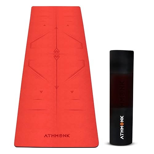 Athmonk Dual Colour TPE Pro Yoga Mat for Woman and Man with Alignment Guide Lines | Home Gym Equipment Exercise Mats for Workout | 6mm Thick Anti Slip Mat for Kids | Big Size with Cover Bag, Red - Image 1