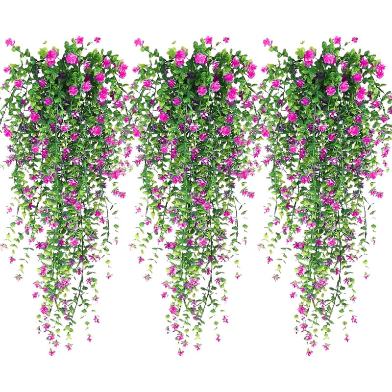 TORIHIKI Artificial Hanging Flowers, 3 Pcs Fake Hanging Plants Artificial Vines for Outdoors, Fake Ivy Vine UV Resistant No Fade Faux Plants for Indoor Outside Garden Patio Yard Greenery Decoration (Red) - Image 1