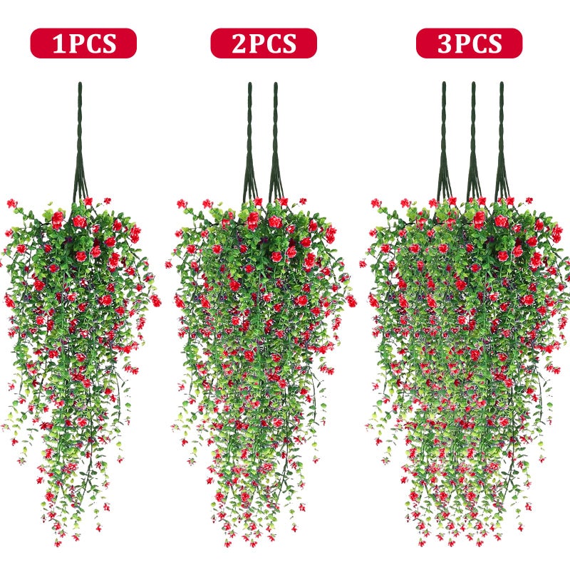 TORIHIKI Artificial Hanging Flowers, 3 Pcs Fake Hanging Plants Artificial Vines for Outdoors, Fake Ivy Vine UV Resistant No Fade Faux Plants for Indoor Outside Garden Patio Yard Greenery Decoration (Red) - Image 4