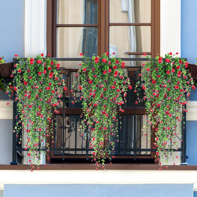 TORIHIKI Artificial Hanging Flowers, 3 Pcs Fake Hanging Plants Artificial Vines for Outdoors, Fake Ivy Vine UV Resistant No Fade Faux Plants for Indoor Outside Garden Patio Yard Greenery Decoration (Red) - Image 5