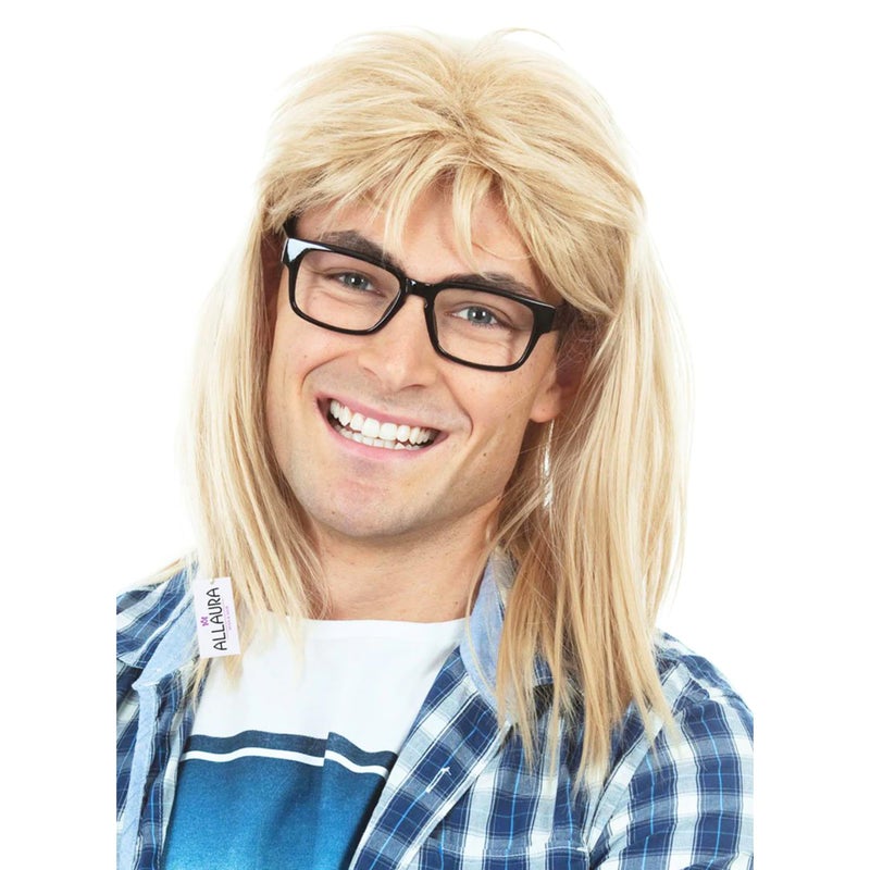 ALLAURA Compatible with Garth Wig Blonde Mullet Wig Black Glasses for Men 80s 90s Rocker Punk Heavy Metal Costume Funny Halloween Couples Outfit Party Cosplay Garth Wayne Duo Look