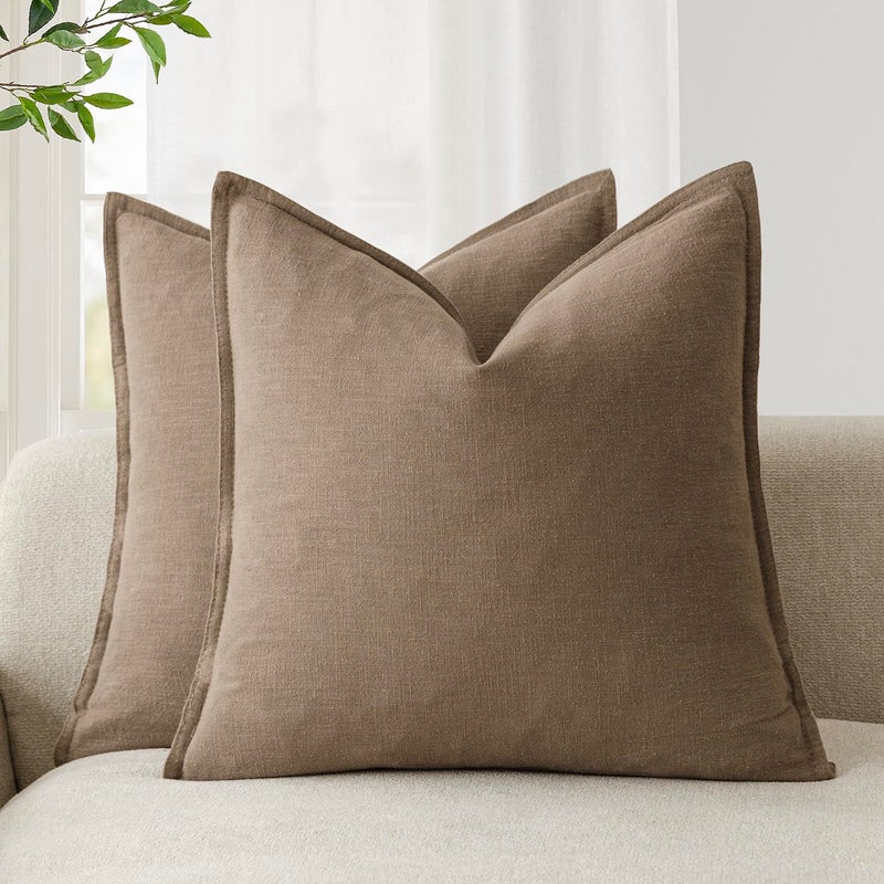 Foindtower Pack of 2 Decorative Linen Soild Throw Pillow Covers Soft Accent Cushion Case Boho Farmhouse Neutral Pillowcase for Chair Couch Sofa Bedroom Living Room Home Decor 24 x 24 Inch Light Brown