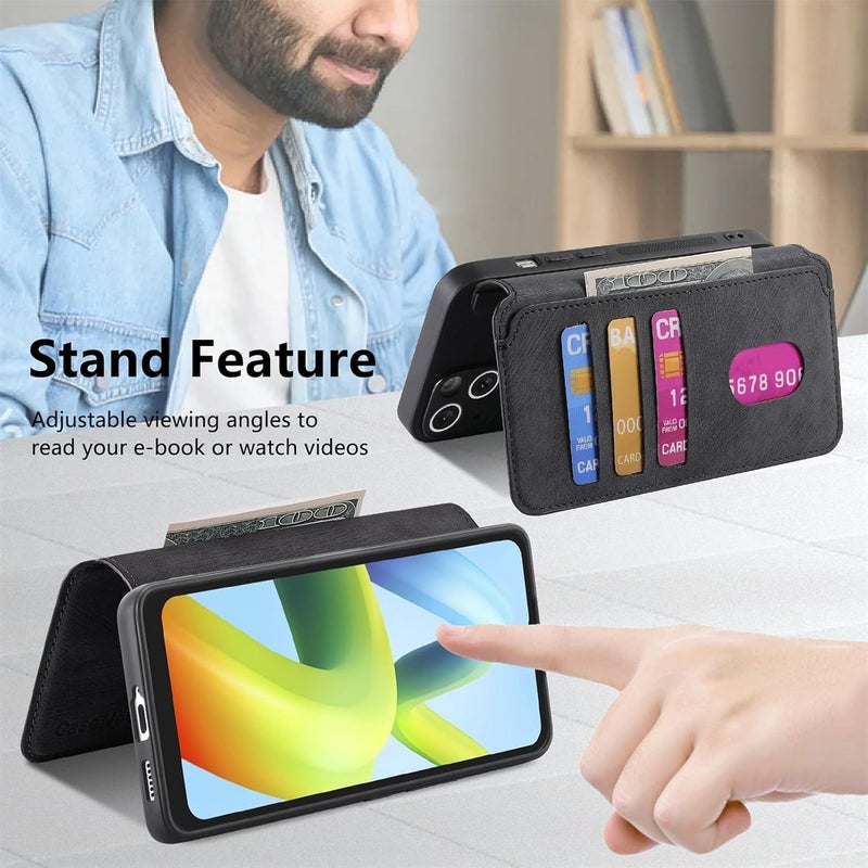 for Xiaomi Redmi A1 Case Wallet with Card Holder for Women Men, PU Leather Magnetic Snap Flip Wallet Phone Case Magnetic Detachable Phone Case for Xiaomi Redmi A1(Black) - Image 3