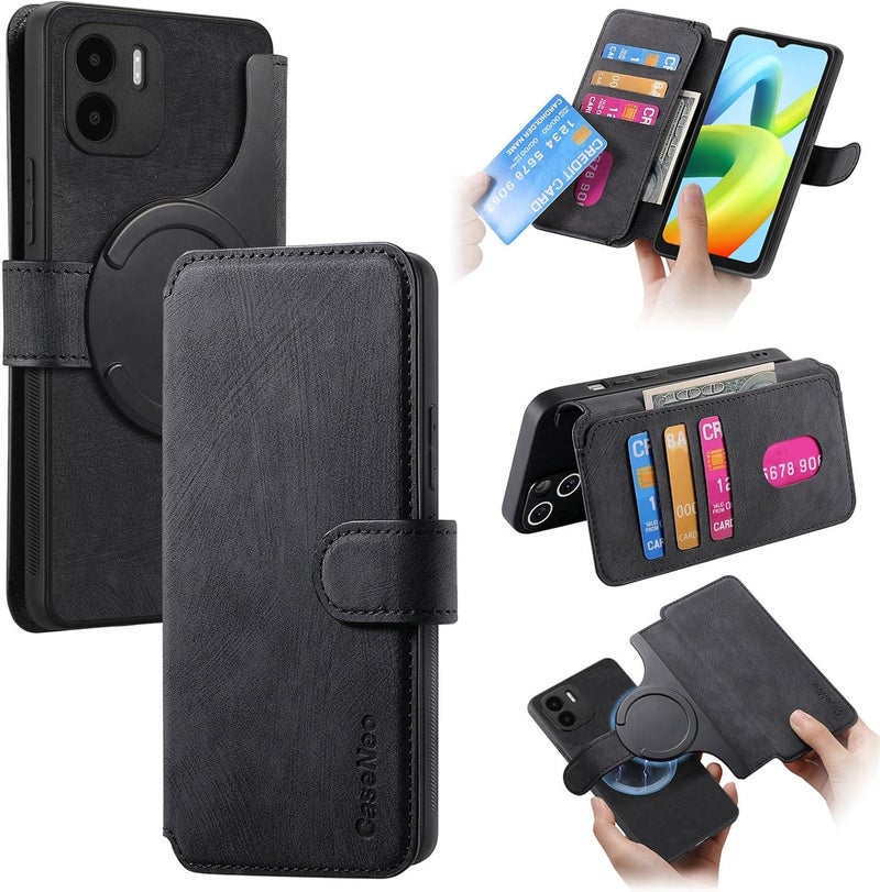 for Xiaomi Redmi A1 Case Wallet with Card Holder for Women Men, PU Leather Magnetic Snap Flip Wallet Phone Case Magnetic Detachable Phone Case for Xiaomi Redmi A1(Black) - Image 1