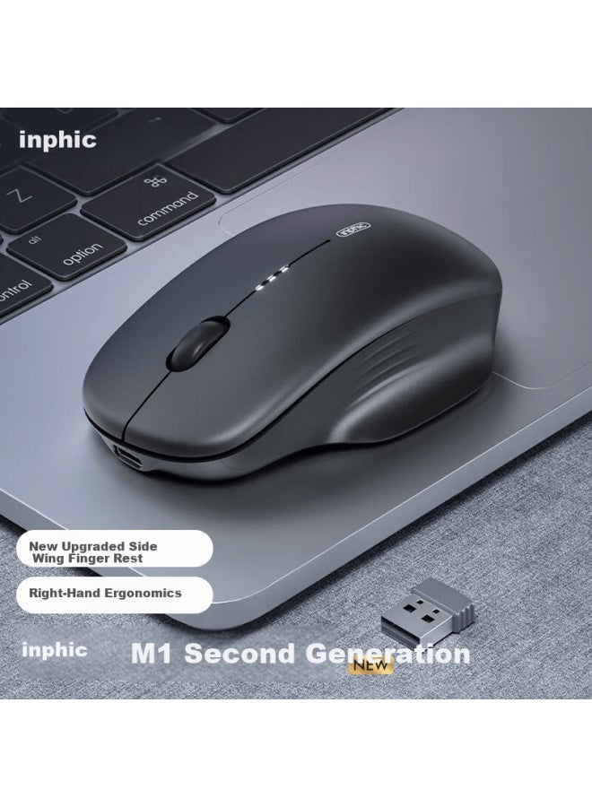 Inphic M1 Second Generation Rechargeable Wireless Bluetooth Mouse Silent Office Asymmetric Ergonomic Grip Battery Display Universal For Laptop 2.4g Wireless Black - Image 1