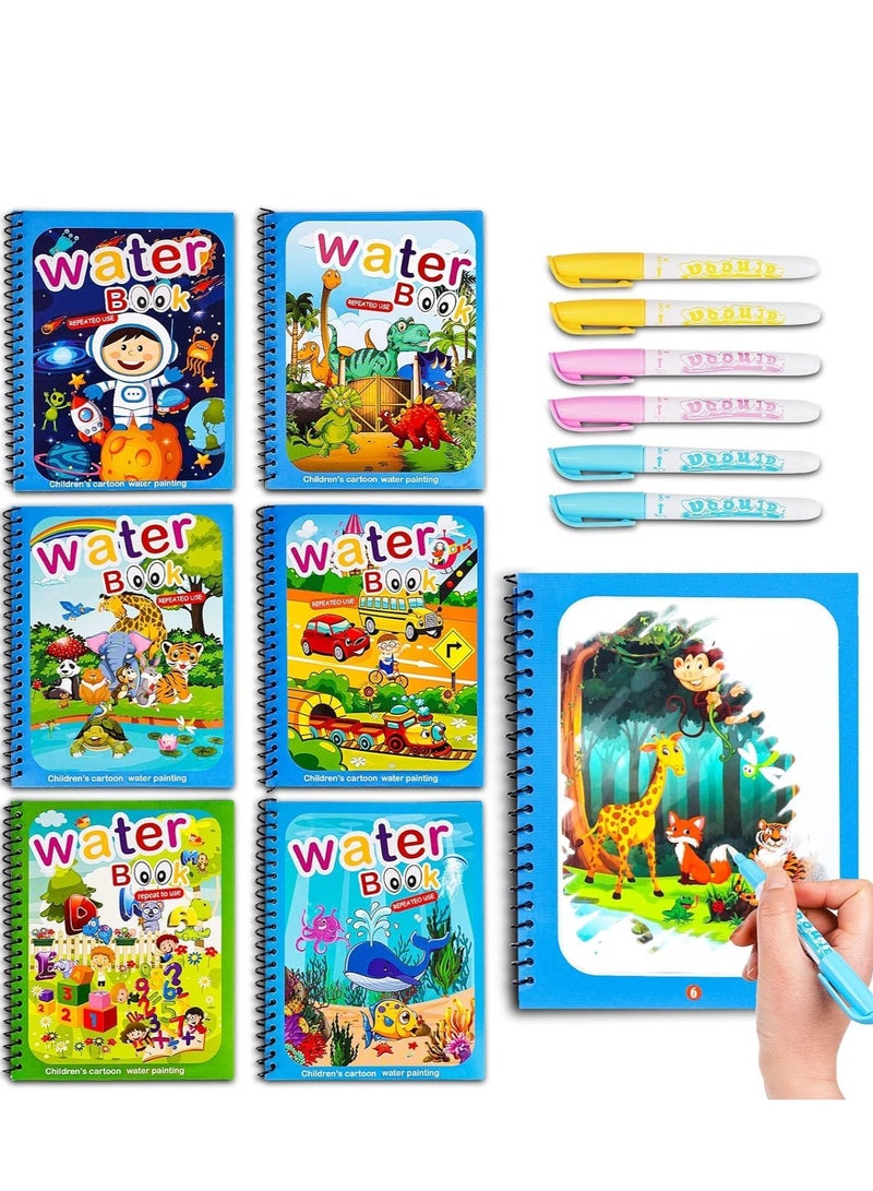 6 Pack Magic Water Coloring Book, Magic Painting Books with Water Pen Mess Free Coloring Books for Toddler 2-4Years Reusable Coloring Book-Children - Image 1