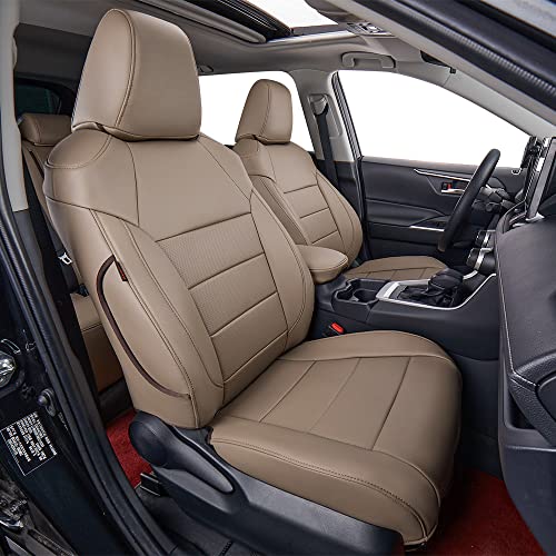 EKR Custom Fit RAV4 Car Seat Covers for Select Toyota RAV4 2019 2020 2021 2022 2023 2024 2025 LE,XLE,XLE Premium,Limited - Full Set,Leather(Sand Beige) - Image 1