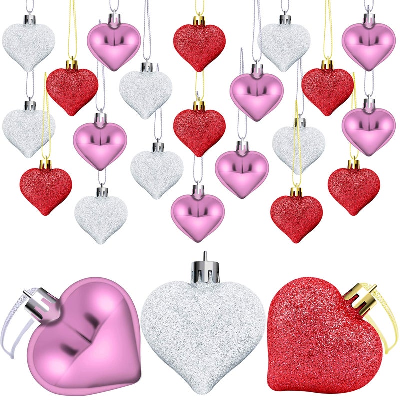 Elcoho 24 Pieces Valentine's Day Heart Baubles Ornaments Heart Shaped Decoration Baubles for Valentine's Day Decoration, 2 Styles (Glossy, Glitter) - Image 1
