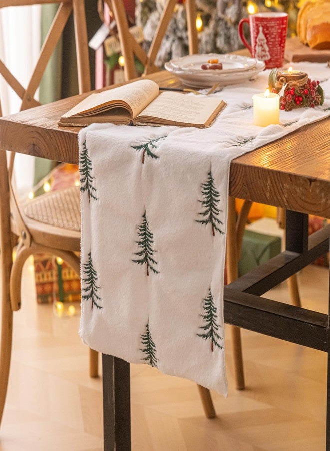 AQOTHES Faux Fur Christmas Table Runner with Embroidered Tree Design, Soft Fluffy Holiday Decor for Dining Table Fireplace Mantel - Image 3