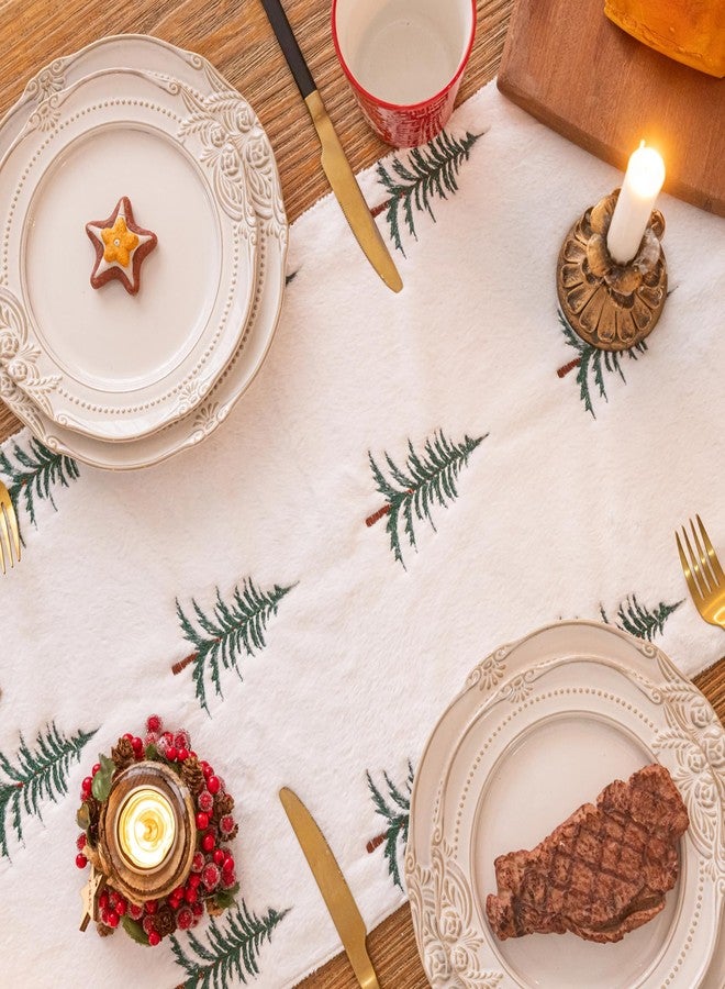AQOTHES Faux Fur Christmas Table Runner with Embroidered Tree Design, Soft Fluffy Holiday Decor for Dining Table Fireplace Mantel - Image 2