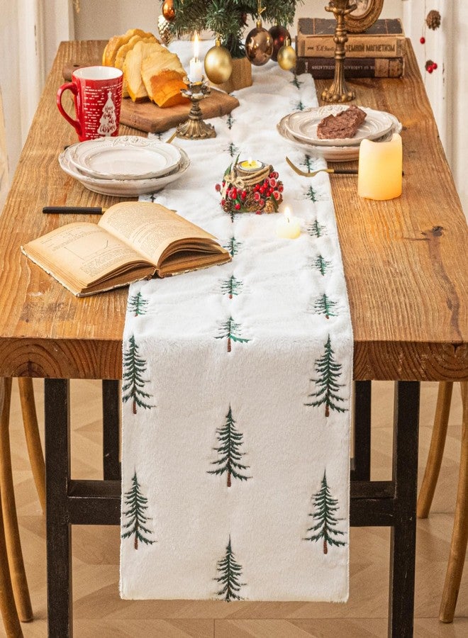 AQOTHES Faux Fur Christmas Table Runner with Embroidered Tree Design, Soft Fluffy Holiday Decor for Dining Table Fireplace Mantel - Image 1