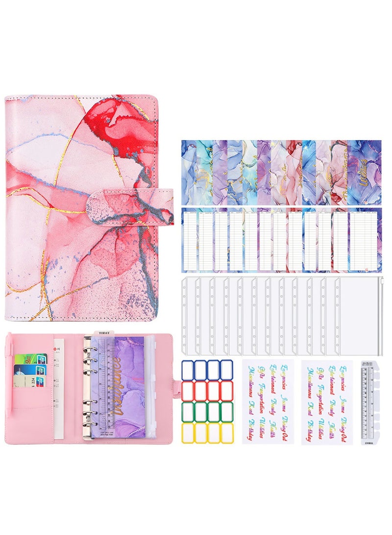 SOLARAE Budget Binder with Zipper Envelopes, Cash Envelopes for Budgeting, A6 PU Leather Budget Binder Planner with 12 Pcs Clear Zipper Envelopes, 12 Pcs Budget Sheets for Budgeting, Saving Money(Pink) - Image 1