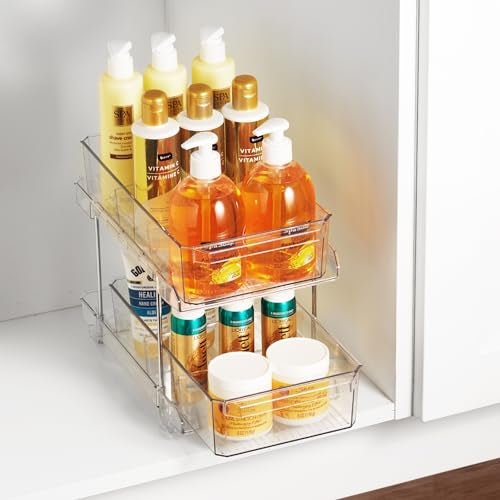 Masirs 2-Tier Clear Pull-Out Drawer Organizer - Sleek, Compact & Sturdy Makeup and Closet Organizer - Easy Assembly Kitchen Storage Solution, Ideal for Makeup, Tools, Medicines & Snacks - Image 1