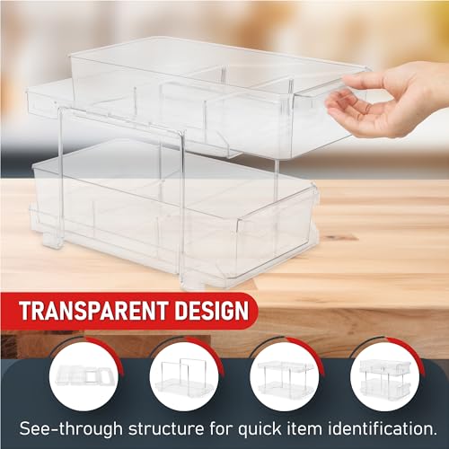 Masirs 2-Tier Clear Pull-Out Drawer Organizer - Sleek, Compact & Sturdy Makeup and Closet Organizer - Easy Assembly Kitchen Storage Solution, Ideal for Makeup, Tools, Medicines & Snacks - Image 5