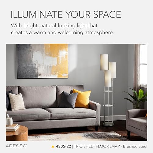Adesso Trio Floor Lamp with Three Pull Chain Lights and Two-Tier Storage, Brushed Steel Base, White Linen Shades, 68” Tall, Enhances Room Decor and Lighting - Image 2