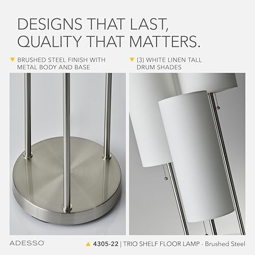 Adesso Trio Floor Lamp with Three Pull Chain Lights and Two-Tier Storage, Brushed Steel Base, White Linen Shades, 68” Tall, Enhances Room Decor and Lighting - Image 5