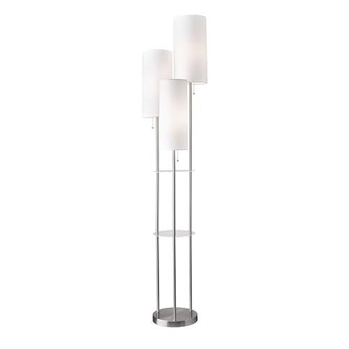 Adesso Trio Floor Lamp with Three Pull Chain Lights and Two-Tier Storage, Brushed Steel Base, White Linen Shades, 68” Tall, Enhances Room Decor and Lighting - Image 1