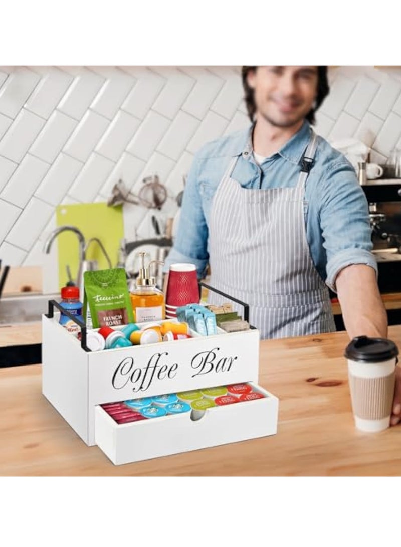 Arabest Farmhouse Wooden Coffee Bar Organizer - Countertop Station With Drawer, Pods Holder & Storage Basket（White）  - Image 5