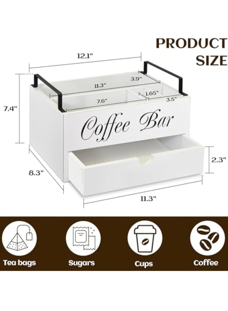 Arabest Farmhouse Wooden Coffee Bar Organizer - Countertop Station With Drawer, Pods Holder & Storage Basket（White）  - Image 3