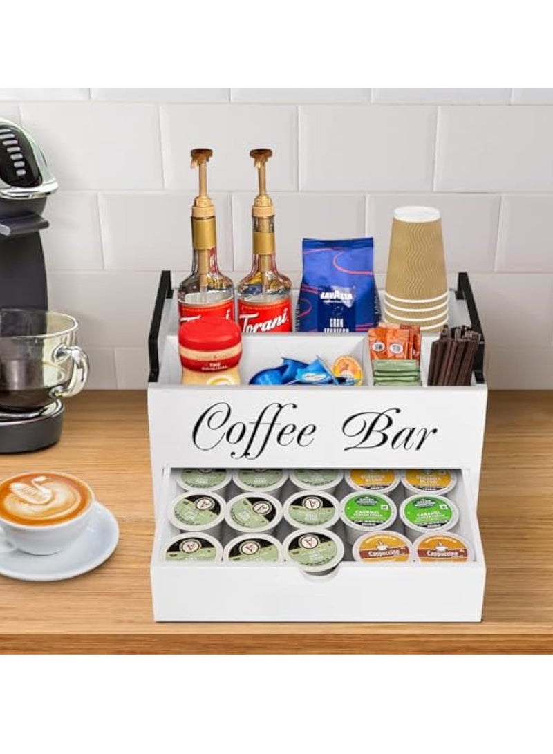 Arabest Farmhouse Wooden Coffee Bar Organizer - Countertop Station With Drawer, Pods Holder & Storage Basket（White）  - Image 2