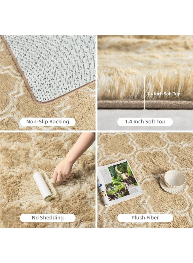 Purrhappy Geometric Shag Area Rug for Bedroom, 160cm Camel and White High Pile Ultra Large Soft Plush Shaggy Furry Bedside Playroom Dorm Carpet, Non-Slip, Non-Shedding Indoor Floor Rug - Image 3