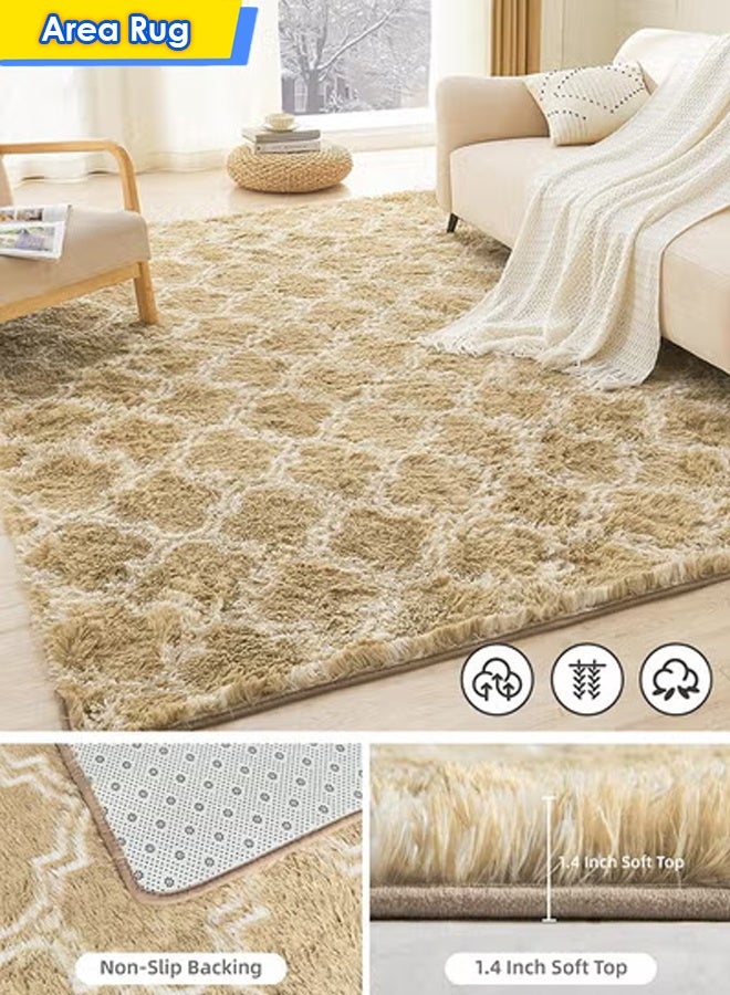 Purrhappy Geometric Shag Area Rug for Bedroom, 160cm Camel and White High Pile Ultra Large Soft Plush Shaggy Furry Bedside Playroom Dorm Carpet, Non-Slip, Non-Shedding Indoor Floor Rug - Image 1