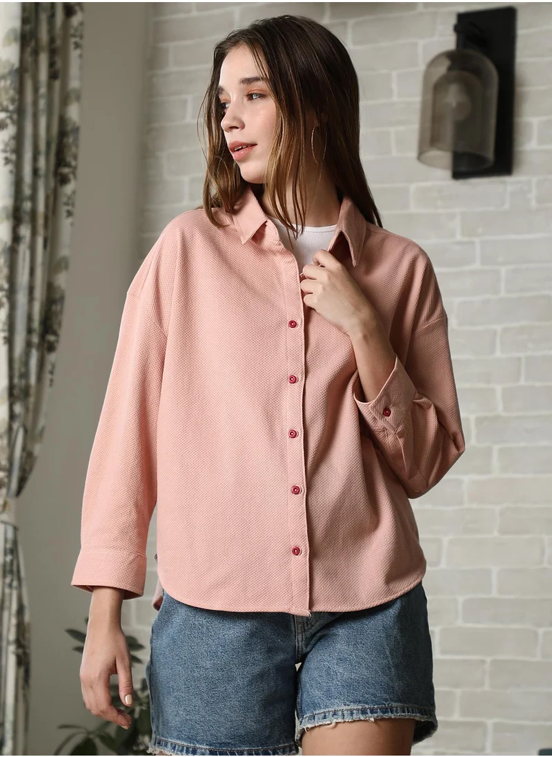 بينيا كولادا Pinacolada Women's Peach Pink Rhombus-Tactile Oversized Shirt For Casual Wear | Spread Collar | Long Cuffed Sleeves | Button Closure | Oversized Shirt Designed With Comfortable Fit For Woman & Girls