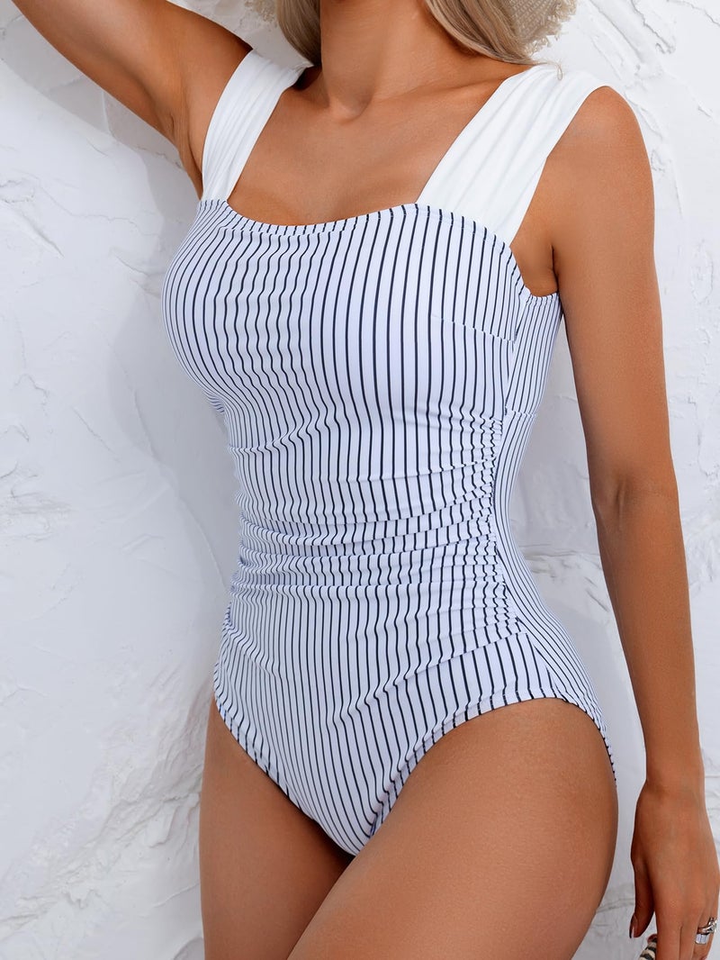 B2prity Womens One Piece Swimsuit Retro Square Neck Tummy Control Bathing Suits Ruched Modest Full Coverage Swimwear - Image 4