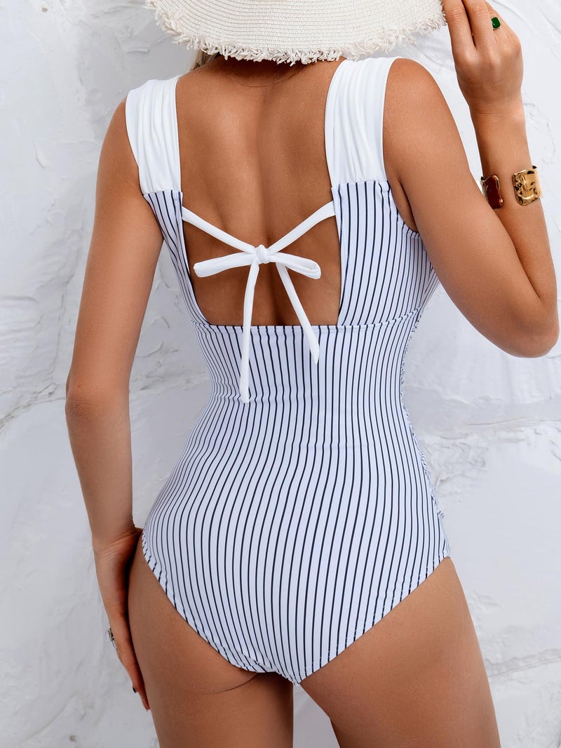 B2prity Womens One Piece Swimsuit Retro Square Neck Tummy Control Bathing Suits Ruched Modest Full Coverage Swimwear - Image 2