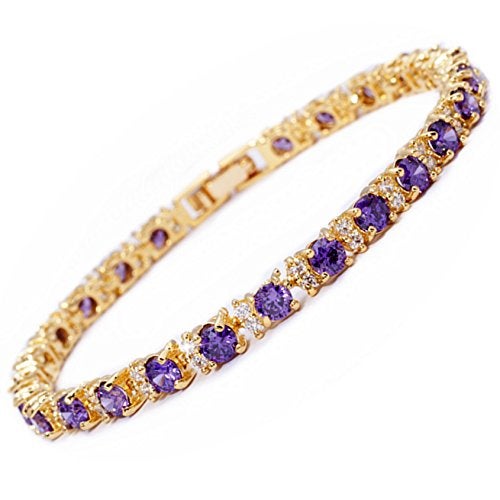 RIZILIA Eternity Tennis Bracelet & Round Cut CZ Simulated Purple Amethyst in Yellow Gold Plated, 7" - Image 1