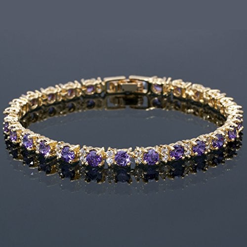 RIZILIA Eternity Tennis Bracelet & Round Cut CZ Simulated Purple Amethyst in Yellow Gold Plated, 7" - Image 4
