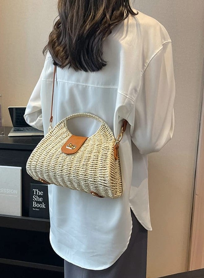 Caistre Straw Tote Bag for Women Mini Crossbody Bag Chic Tote Purses Retro Satchel Bag Handmade Shoulder Bag Beach Straw Bag Handbag - Image 3