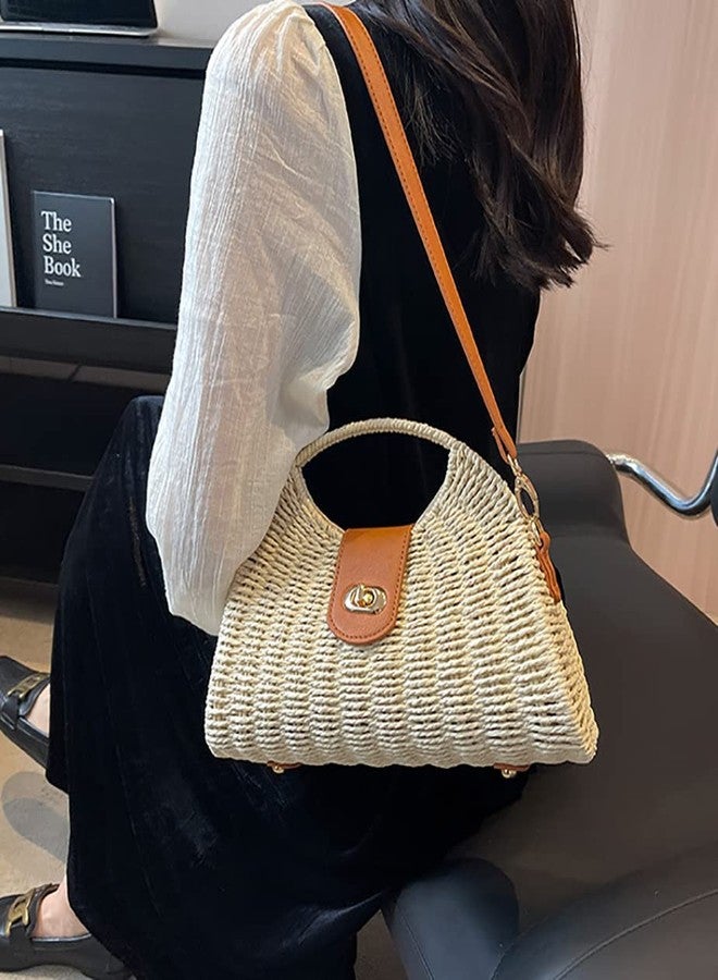 Caistre Straw Tote Bag for Women Mini Crossbody Bag Chic Tote Purses Retro Satchel Bag Handmade Shoulder Bag Beach Straw Bag Handbag - Image 5