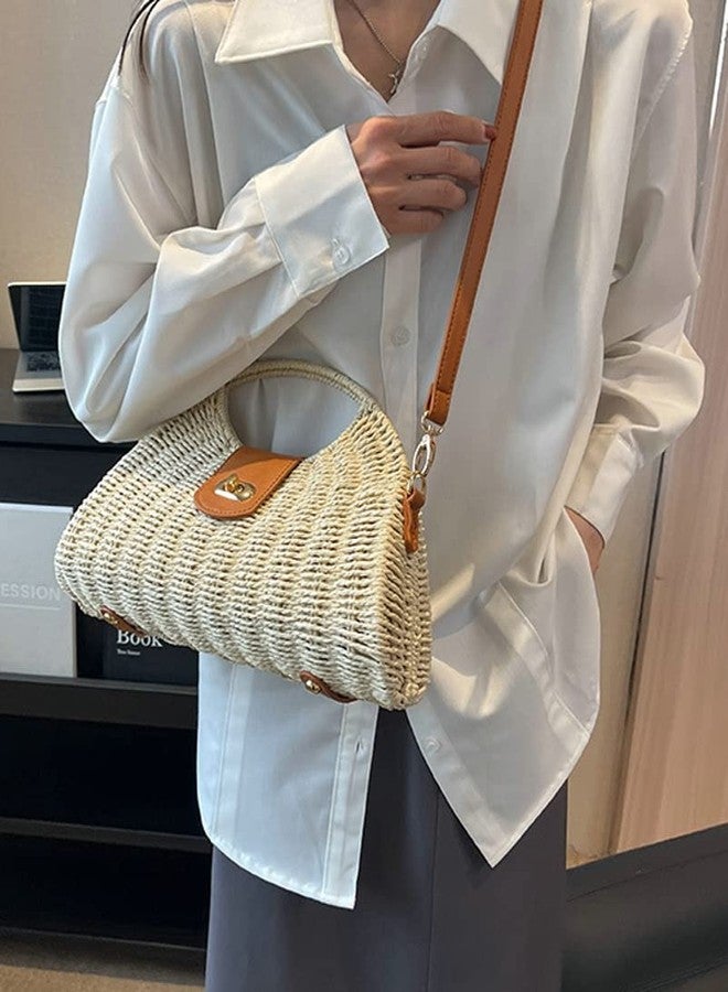 Caistre Straw Tote Bag for Women Mini Crossbody Bag Chic Tote Purses Retro Satchel Bag Handmade Shoulder Bag Beach Straw Bag Handbag - Image 2
