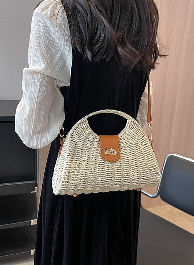 Caistre Straw Tote Bag for Women Mini Crossbody Bag Chic Tote Purses Retro Satchel Bag Handmade Shoulder Bag Beach Straw Bag Handbag - Image 4