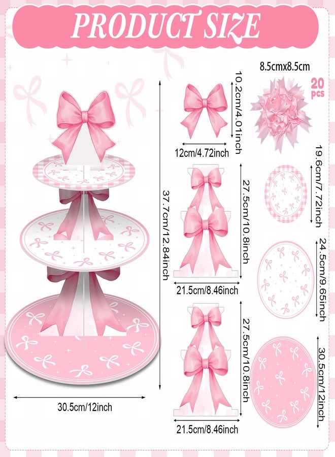Vesici DIY 3 Tier Pink Bow Cupcake Stand Party Decorations Pink Theme Cupcake Holder Dessert Tower with 20 Bowknots Coquette for Women Girls Bow Birthday Baby Shower Bridal Bachelorette Party Supplies - Image 2