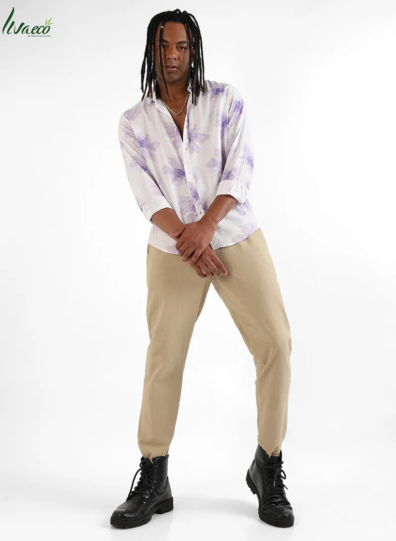 Campus Sutra Men's EcoLiva White & Lavender Faded Floral Strokes Shirt